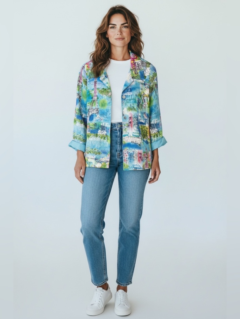 Coldwater Creek Multicolor Paris Scene Lightweight Blazer
